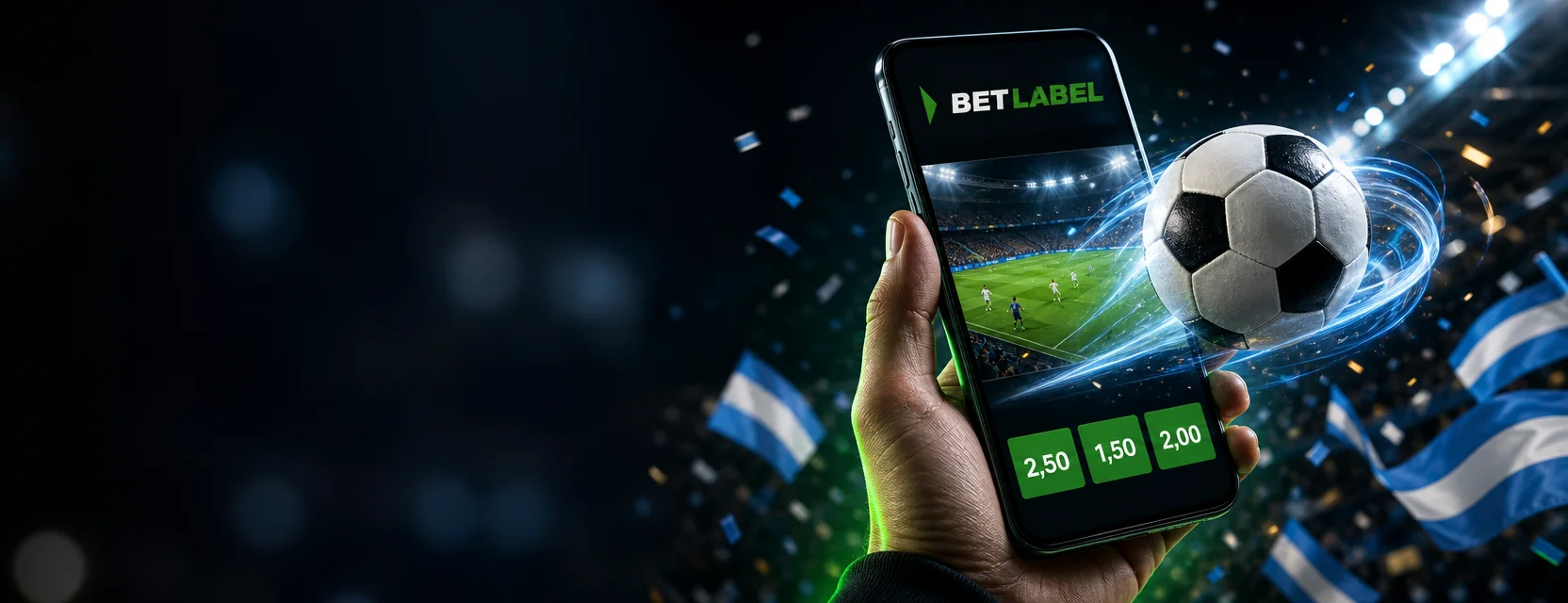 Mano con un celular que muestra la app de BetLabel con un partido en vivo y cuotas de 2,50, 1,50 y 2,00