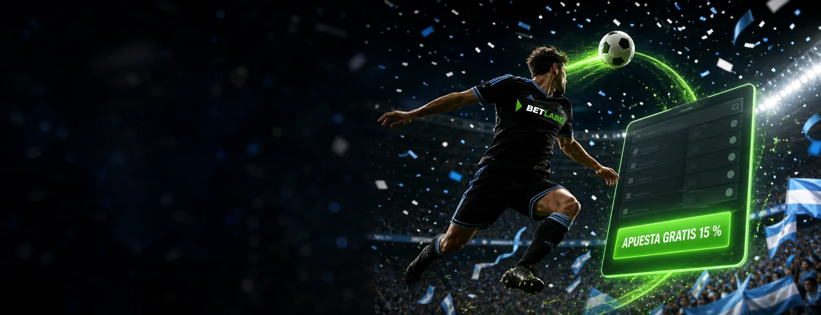 Jugador con camiseta negra y el logo de BetLabel que cabecea la pelota entre papelitos, junto a un cupón luminoso con el botón APUESTA GRATIS 15 %