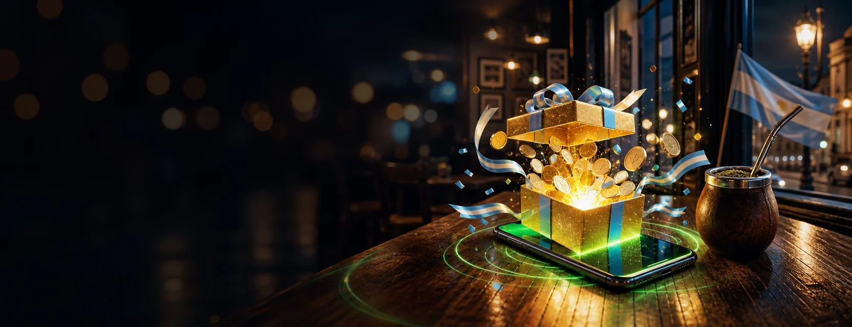 Celular sobre la mesa de un café de Buenos Aires con una caja de regalo dorada que sale de la pantalla, junto a un mate