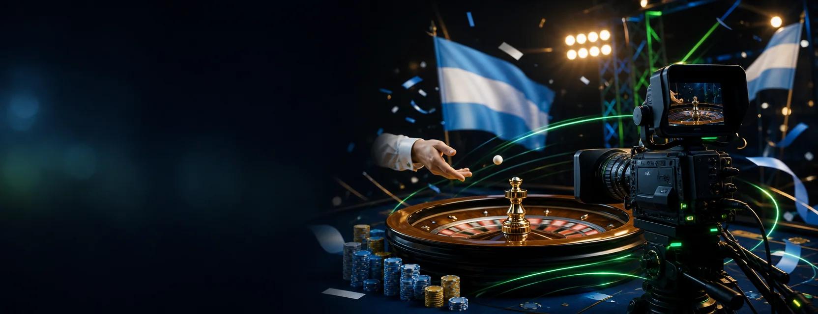 Cámara de estudio que filma una mesa de ruleta en vivo mientras la mano del crupier lanza la bola