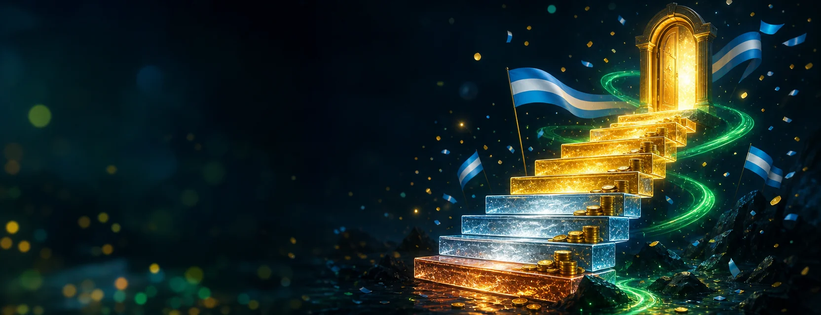 Escalera de ocho escalones de vidrio celeste iluminados que sube hacia una puerta dorada con monedas