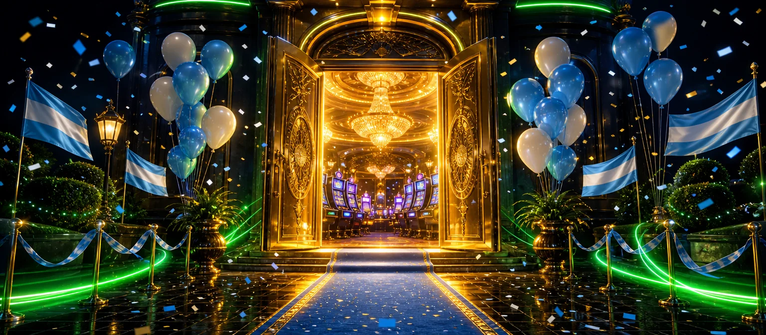 Puerta dorada de un casino que se abre con luz, alfombra, globos celestes y blancos y lluvia de papelitos