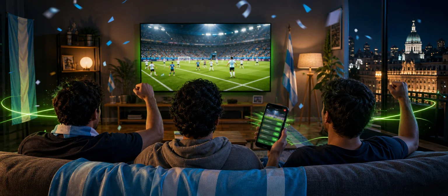 Amigos de espaldas mirando un partido en un televisor grande mientras uno sigue las cuotas en vivo en el celular Amigos de espaldas mirando un partido en un televisor grande mientras uno sigue las cuotas en vivo en el celular