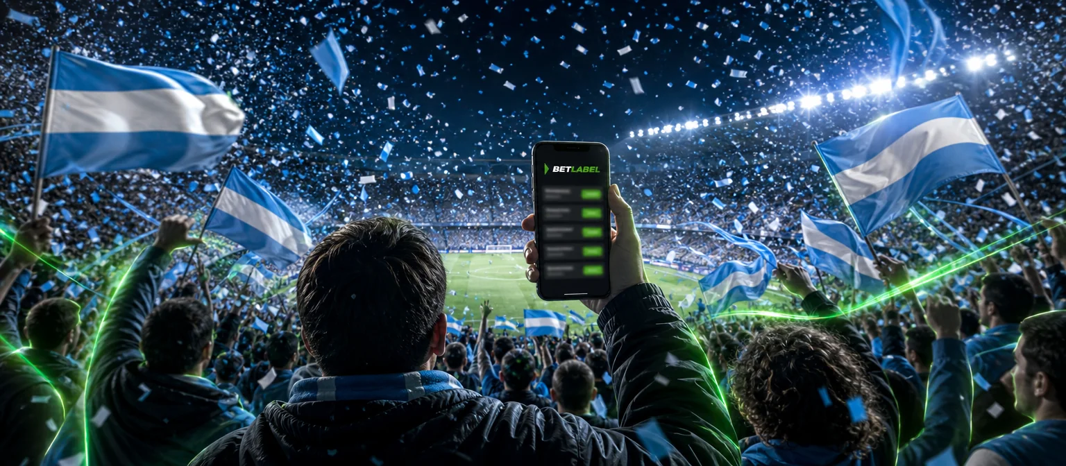 Hinchas de espaldas en la tribuna con banderas celestes y blancas y papelitos, uno de ellos con la app de BetLabel en el celular Hinchas de espaldas en la tribuna con banderas celestes y blancas y papelitos, uno de ellos con la app de BetLabel en el celular