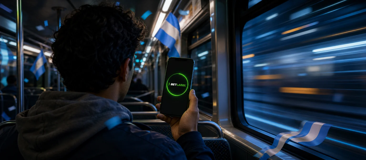 Pasajera de espaldas en el subte con un celular que instala la app de BetLabel con un anillo de progreso Pasajera de espaldas en el subte con un celular que instala la app de BetLabel con un anillo de progreso