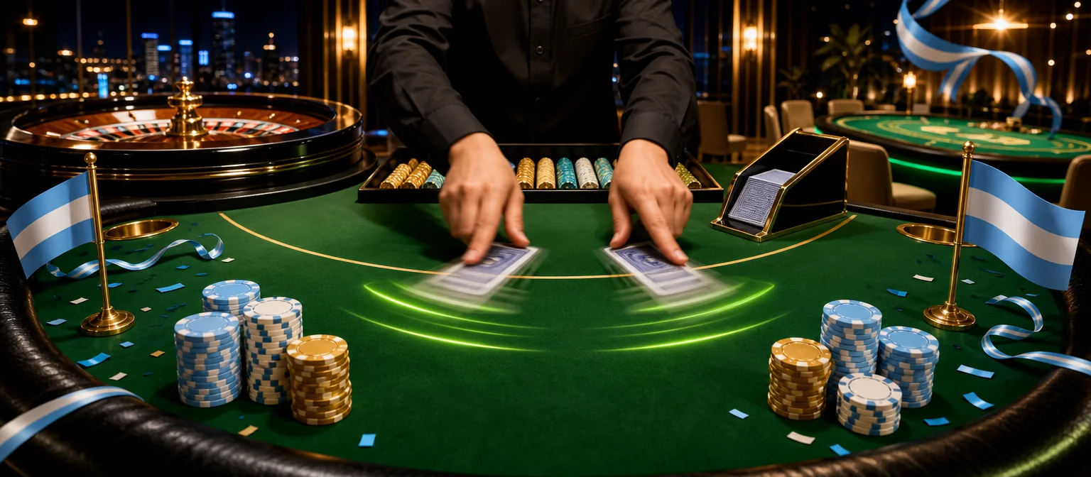 Mesa de blackjack con las manos del crupier repartiendo cartas, fichas celestes y doradas y una ruleta al fondo