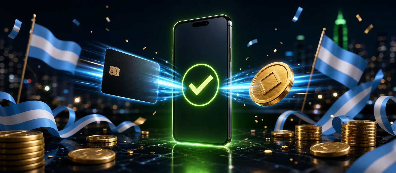 Tarjeta y moneda cripto que entran a un celular por estelas de luz celeste, con una tilde verde en la pantalla