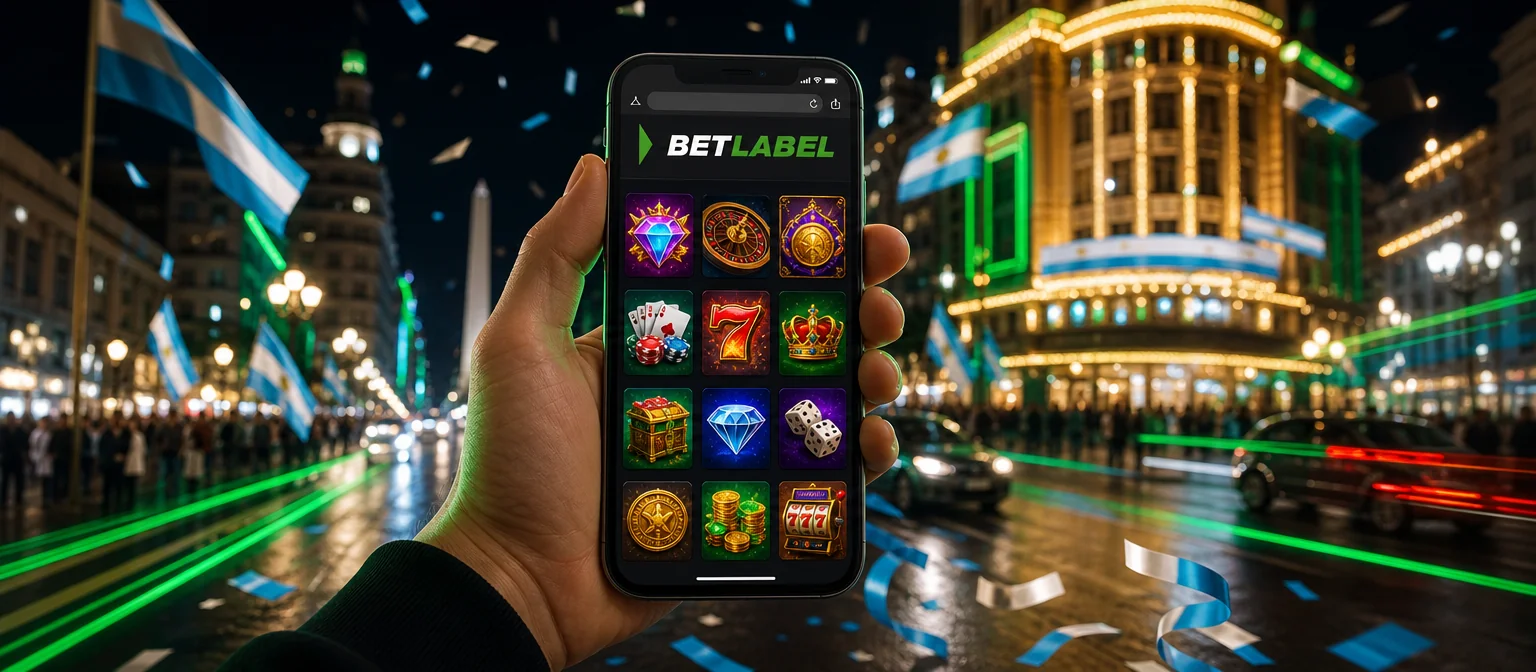 Mano con un celular que muestra el sitio móvil de BetLabel en la avenida Corrientes de noche, con las luces de los teatros detrás Mano con un celular que muestra el sitio móvil de BetLabel en la avenida Corrientes de noche, con las luces de los teatros detrás